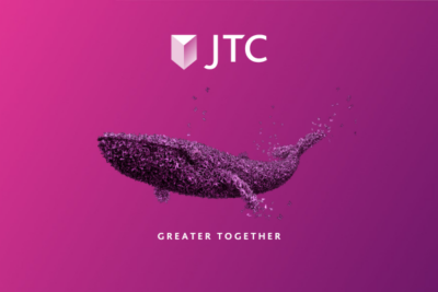 JTC Logo, JTC Animal - Whale and 'Great Together' Text, Pink Background